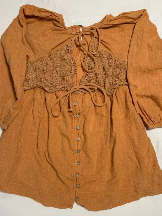 Free People Boho Lace Babydoll Tunic Top Rust Orange Size M - Picture 2 of 10